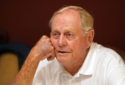 Golf great Jack Nicklaus talks with fellow golfer Tom Watson at Norwood Hills Country Club before the inaugural Legends