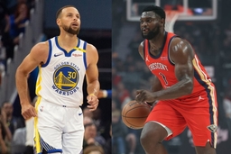 (L-R) Stephen Curry, Zion Williamson