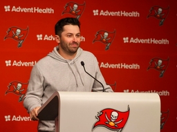 March 20, 2023, Tampa, Florida, USA: Tampa Bay Buccaneers new quarterback Baker Mayfield during a press conference at Ad