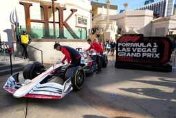Formula One: Las Vegas Grand Prix Launch Party Nov 5, 2022; Las Vegas, Nevada, USA; Workers prepare a car for display d