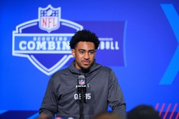 INDIANAPOLIS, IN &#8211; MARCH 03: Alabama quarterback Bryce Young answers questions from the media during the NFL, American F