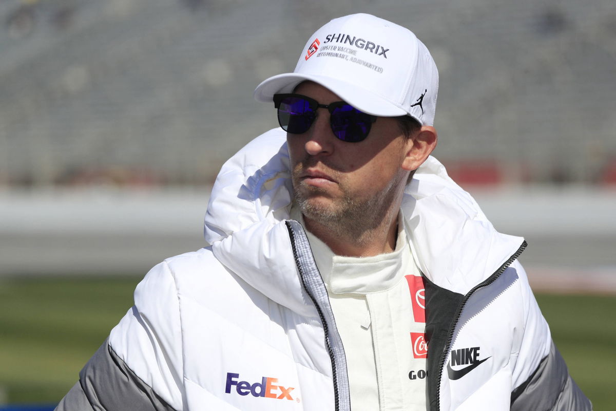 ATLANTA, GA &#8211; MARCH 18: Denny Hamlin ( 11 Joe Gibbs Racing Shingrix Toyota) watches the action on the jumbo tron screen