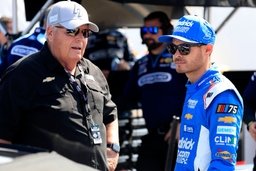 DARLINGTON, SC &#8211; MAY 13: Rick Hendrick talks with Kyle Larson ( 5 Hendrick Motorsports HendrickCars.com Throwback Chevro