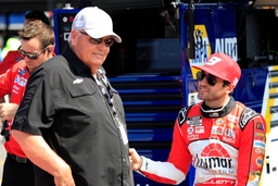 DARLINGTON, SC &#8211; MAY 13: Rick Hendrick talks with Chase Elliott ( 9 Hendrick Motorsports LLumar Throwback Chevrolet) on