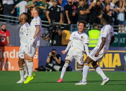 July 4, 2023, Pasadena, California, USA: Riqui Puig 6 of the LA Galaxy celebrates a goal by Tyler Boyd 11 during their r
