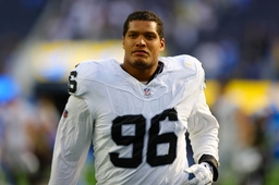 INGLEWOOD, CA &#8211; OCTOBER 1: Las Vegas Raiders defensive end Isaac Rochell (96) walks off the field after the NFL, America