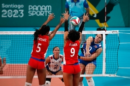 SANTIAGO, CHILE OCT 26: Ivania Ortiz de Puerto Rico juega el balon contra Cuba por la clasificacion 7mo &#8211; 8vo durante lo