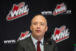 November 30, 2023, Calgary, AB, CANADA: Dan Near speaks at a news conference after being announced as the new WHL Commis