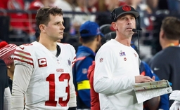 San Francisco 49ers quarterback Brock Purdy (13) and head coach Kyle Shanahan watch from the sideline during the third q