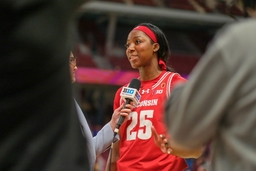February 20, 2024, Minneapolis, Minnesota, USA: Wisconsin Badgers forward SERAH WILLIAMS (25) gives an interview after s