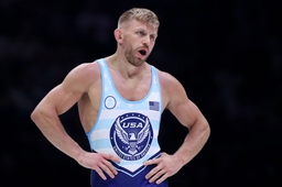 Wrestling: U.S. Olympic Team Trials &#8211; Wrestling Apr 20, 2024; State College, Pennsylvania, USA; Kyle Dake looks on in th