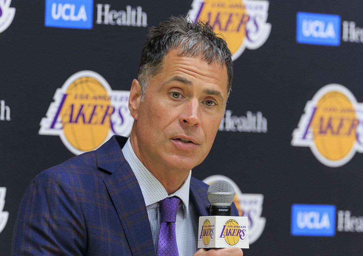 June 24, 2024, El Segundo, California, USA: V.P. of basketball operations and General manager, Rob Pelinka speaks during