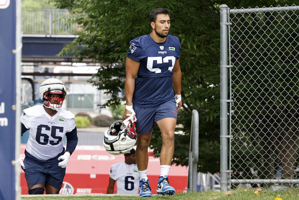 FOXBOROUGH, MA &#8211; JULY 24: New England Patriots linebacker Christian Elliss (53) during New England Patriots Training Cam