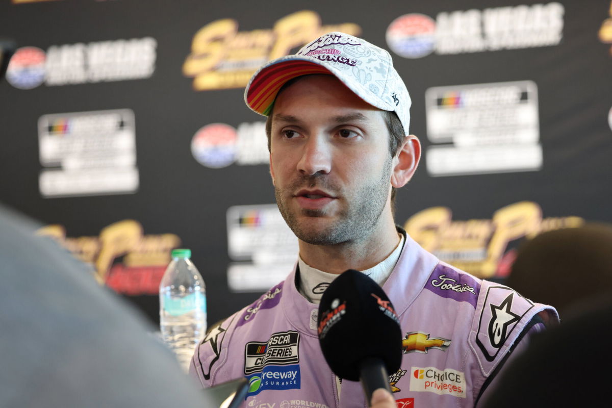 LAS VEGAS, NV &#8211; OCTOBER 19: Daniel Suarez ( 99 Trackhouse Racing Tootsies Orchid Lounge Chevrolet) answers questions fro
