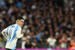 Argentina s national team, Nationalteam midfielder Thiago Almada celebrates after scoring a goal against Colombia during