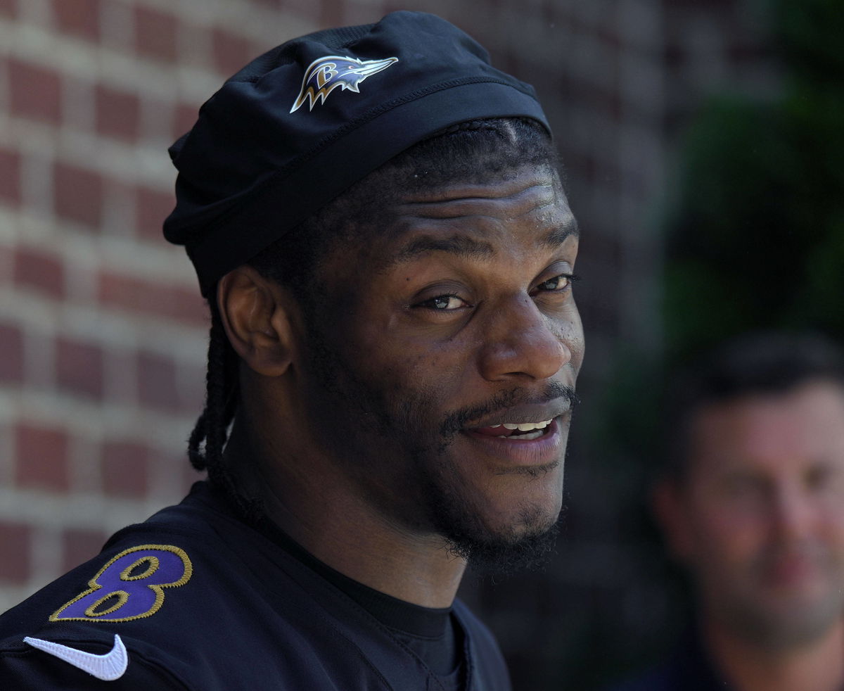 May 22, 2024, Owings Mills, Md, USA: Baltimore Ravens quarterback Lamar Jackson speaks with media members after a team O