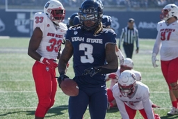 Mt West Football Utah State and New Mexico October 19 2024: Aggies running back Rahsul Faison (3) scores a touch down du