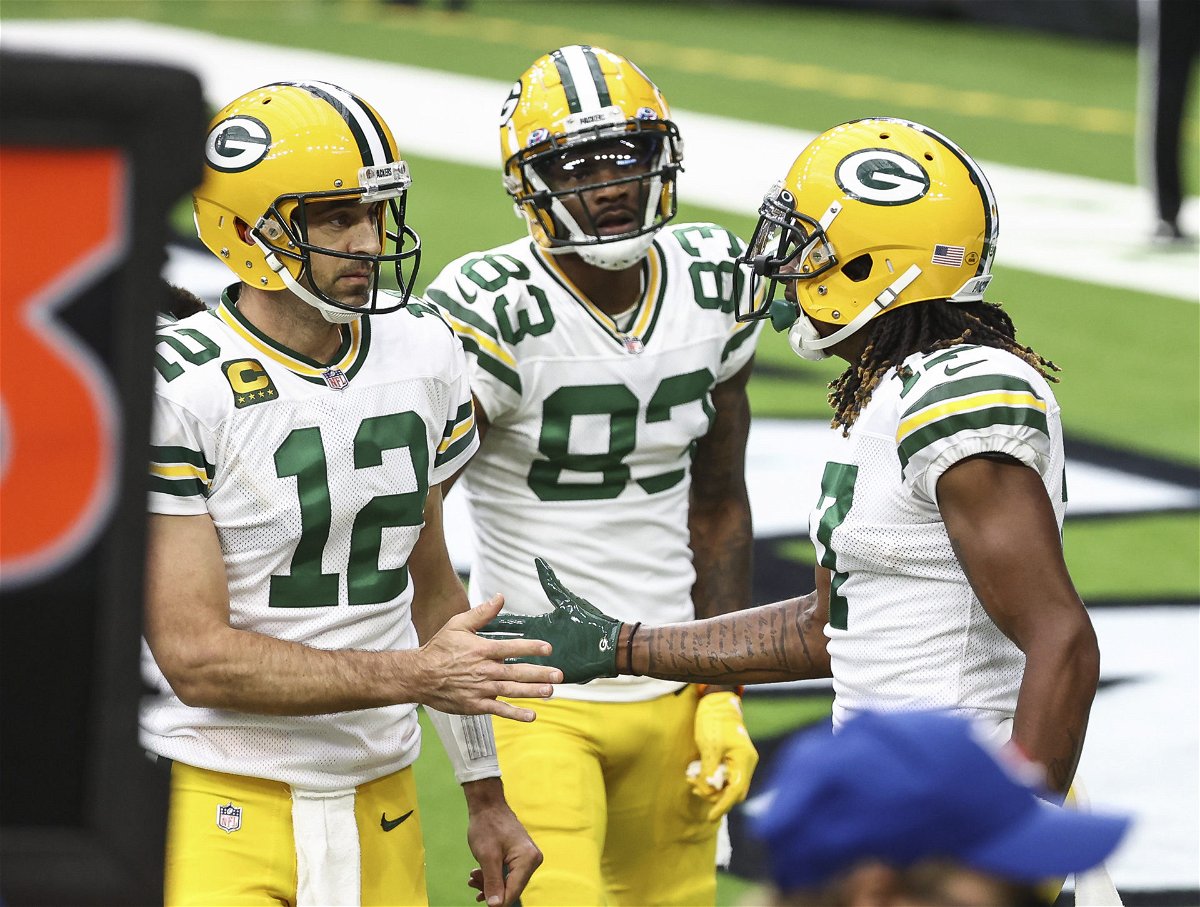 Green Bay Packers quarterback Aaron Rodgers pictured with wide receiver Davante Adams.