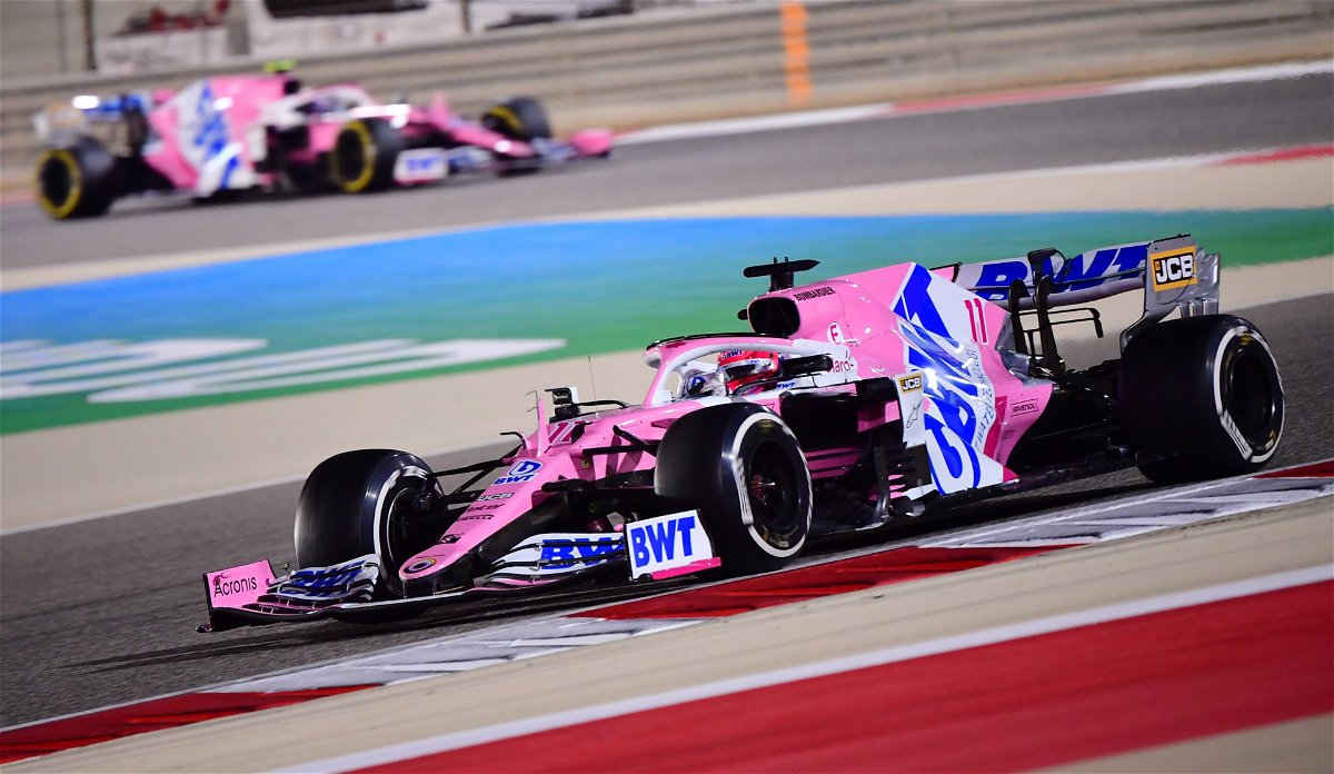 Sergio Perez and Lance Stroll of Racing Point during the Sakhir GP