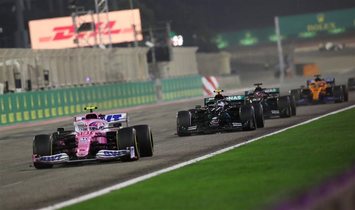 Mercedes driver Valtteri Bottas chasing Racing Point driver Lance Stroll during the Sakhir GP